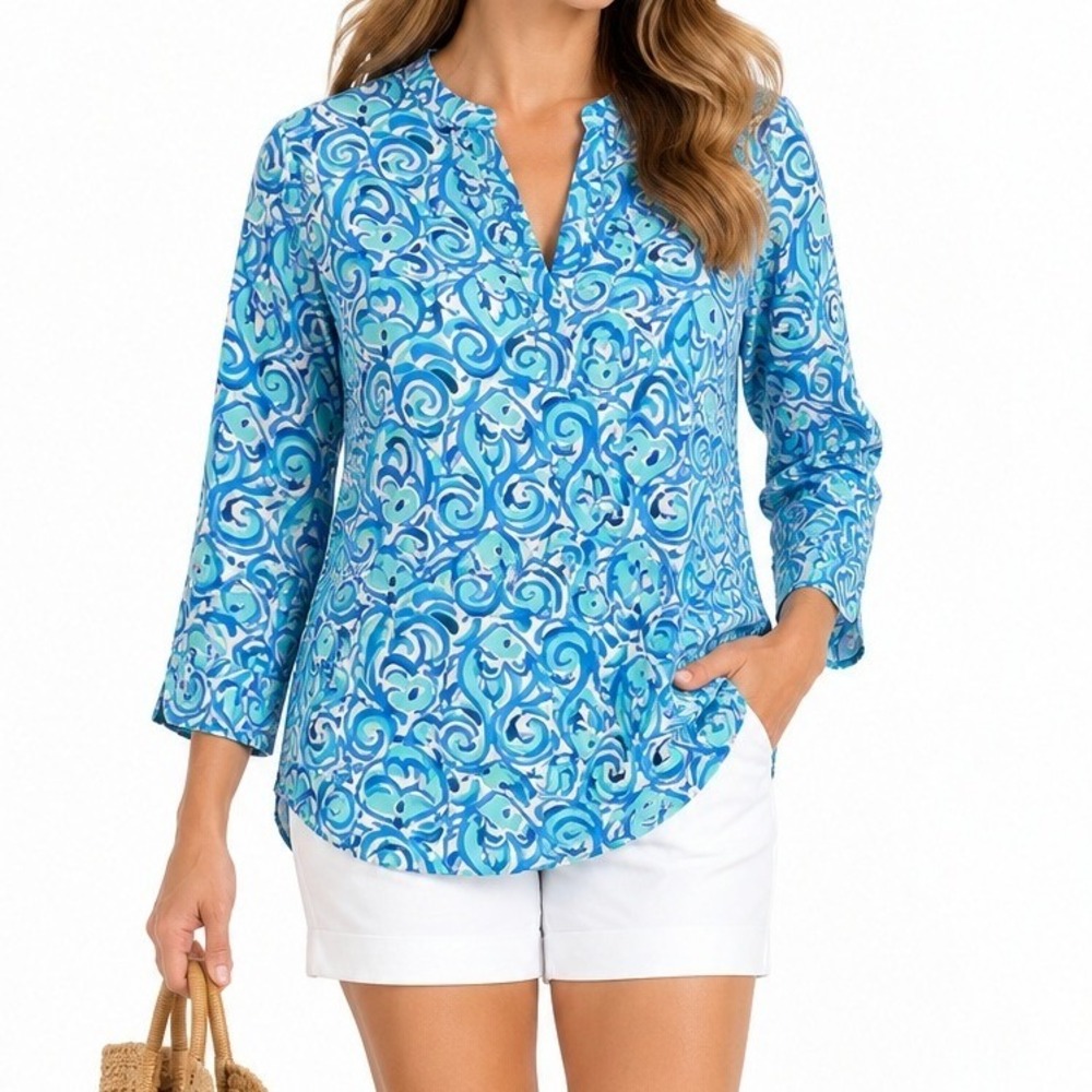 Lilly Pulitzer Blue White Fish Swirl Print 3/4 Sleeve Tunic Top Womens XS